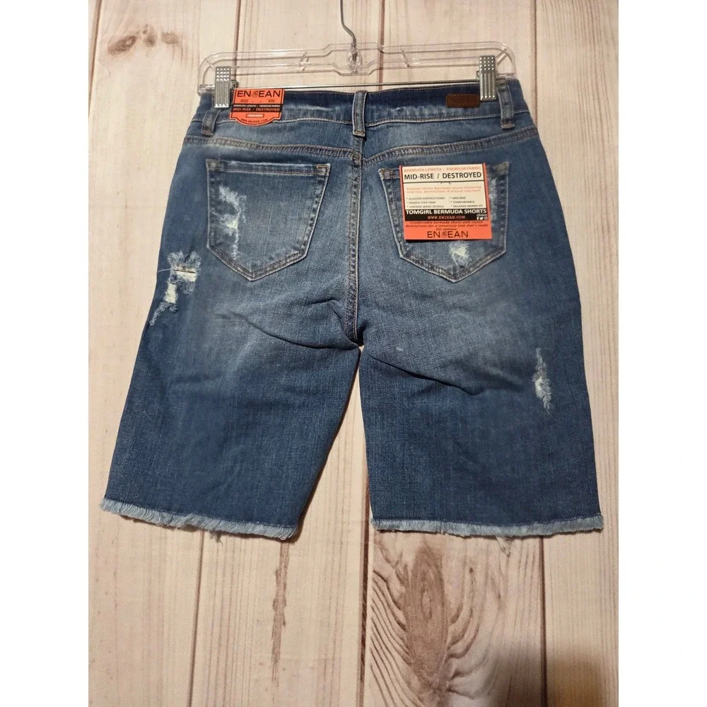 ENJEAN Womens Mid Rise Destroyed Distressed Denim Bermuda Shorts Size‎ S